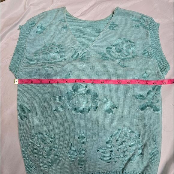 VINTAGE 70s sleeveless intarsia floral teal light academia sweater vest S‎ - Picture 9 of 9